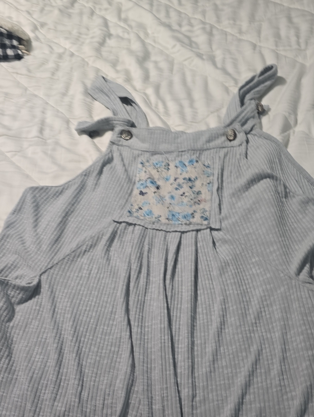Pol Overalls. Blue Floral Patchwork